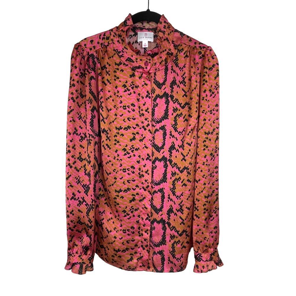 Julie Brown NYC Button Up Hidden Placket Shirt Size 5 Reptile Pink Black